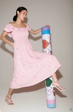 Olivia Rubin Talia Midi Pink Dress Womens Medium Strawberry Embroidery Summer